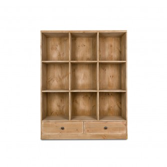 ROSALIE bookcase, 9 compartments and 2 drawers in solid wood